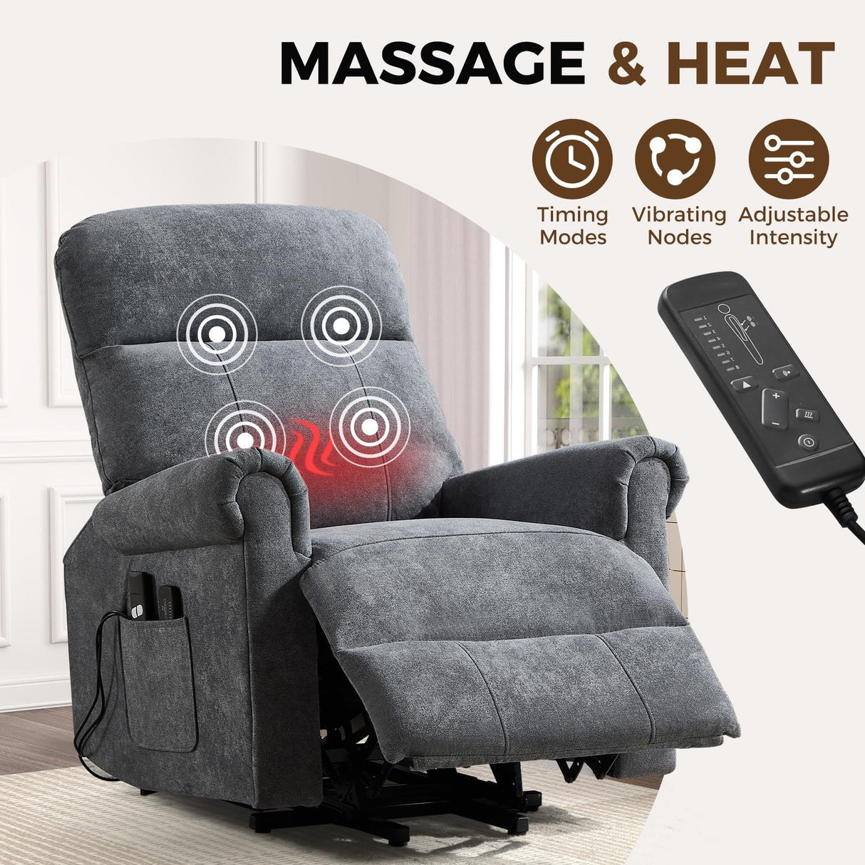 HAOMARKETS Power Lift Recliner Chair with Massage and Heat for Elderly, Electric Recliners with Remote Control,Soft Fabric Upholstered Reclining SingeSofa with Side Pocket for Living Room, Grey HAOMARKETS