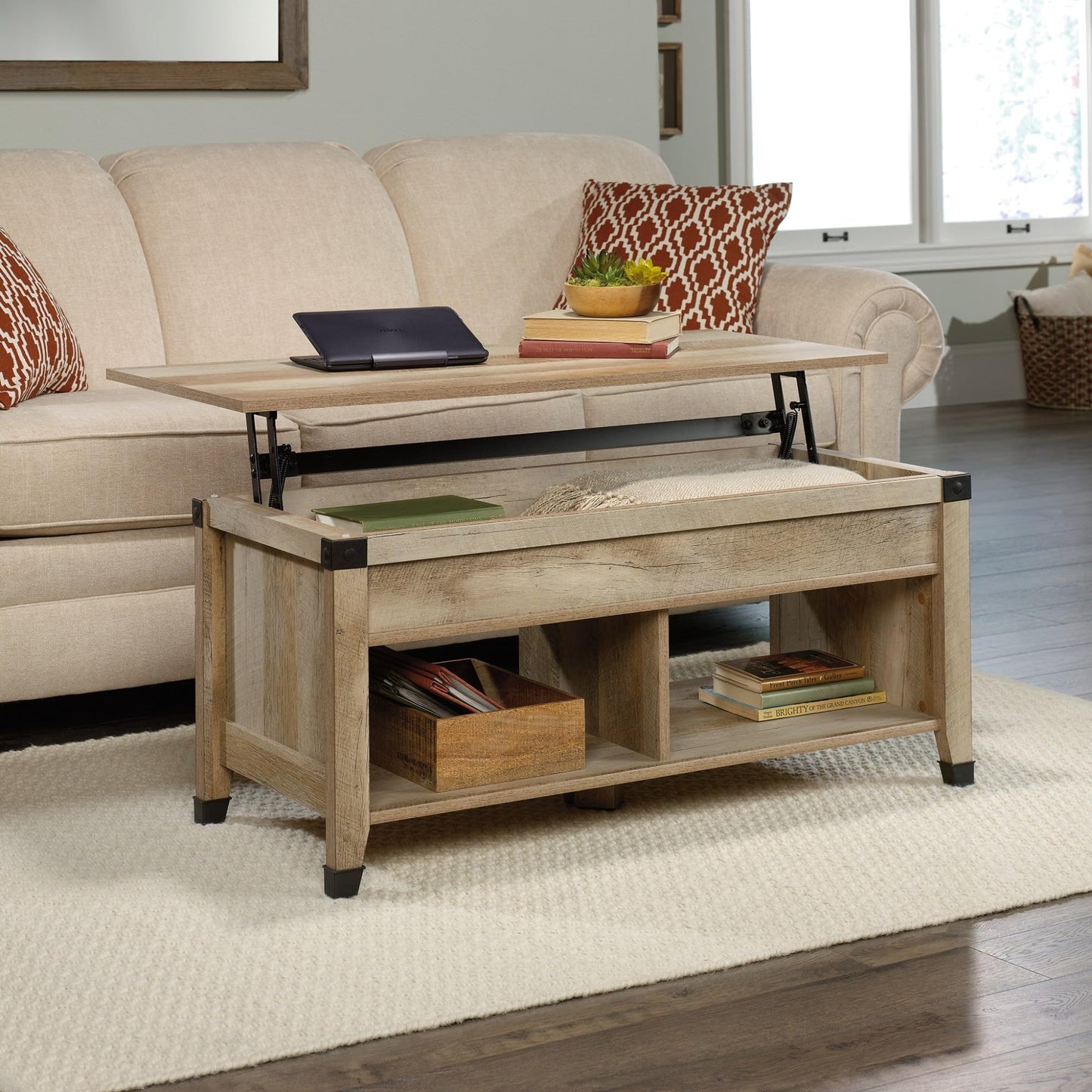 Sauder Carson Forge Lift Top Coffee Table, Lintel Oak finish - WoodArtSupply