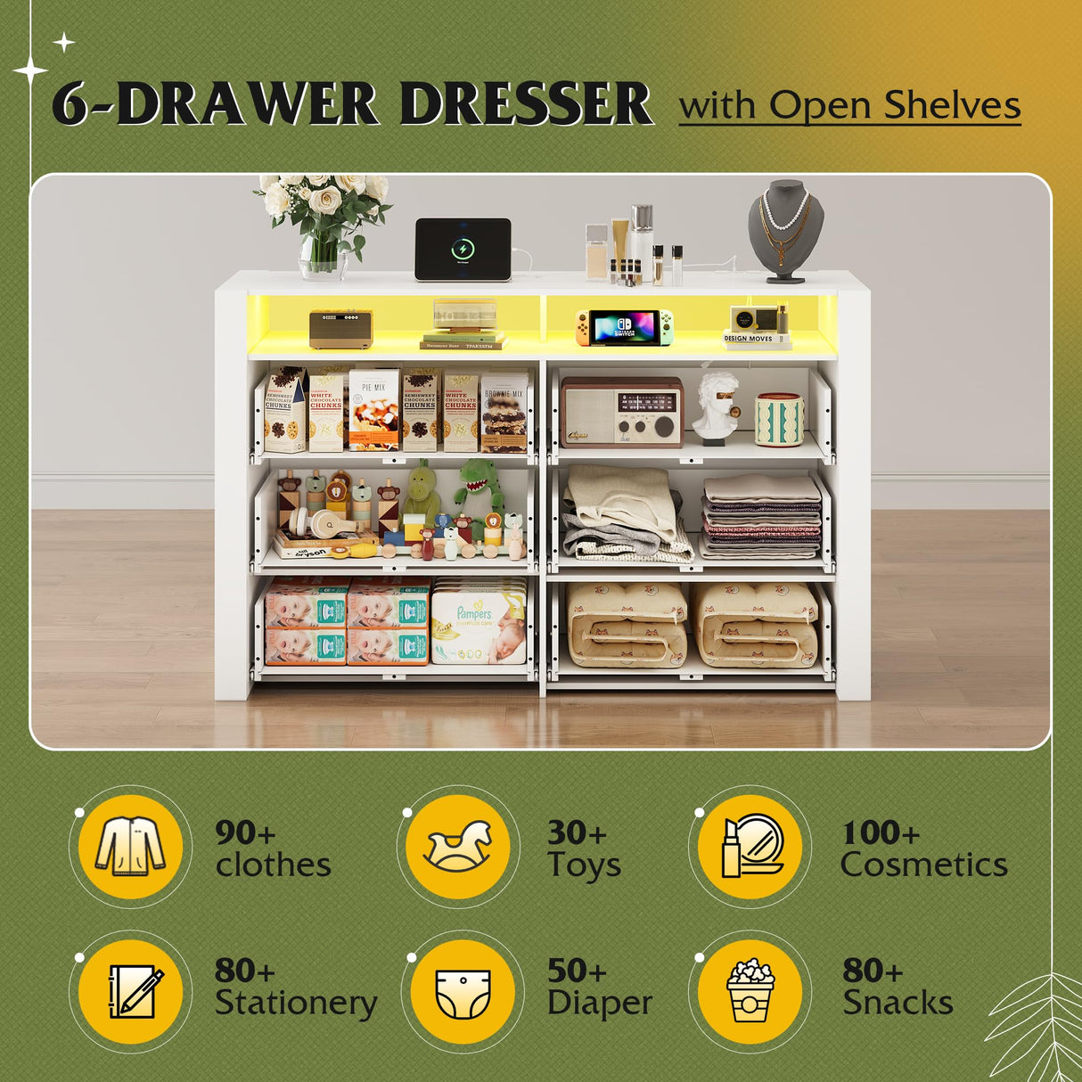 WLIVE 6 Drawer Led Dresser for Bedroom, 50.79'' White Wood Dresser Storage Organizer with Power Outlets for 55'' TV, Dressers with Open Shelves, Hanging Rack, Chest of Drawers for Closet, Living Room WLIVE