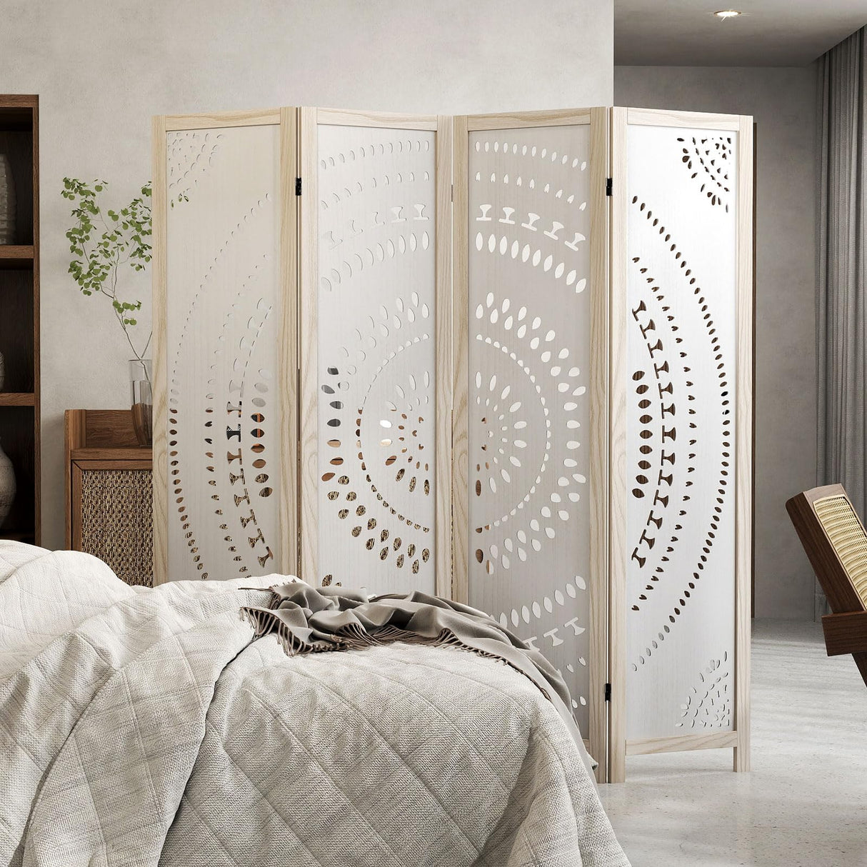 Giantex Room Divider 4 Panels - 66'' Boho Room Dividers with Carved Pattern & Solid Wood Frame, Folding Privacy Screen for Bedroom Office, Partition Wall Divider for Room Separation, Washed White Giantex