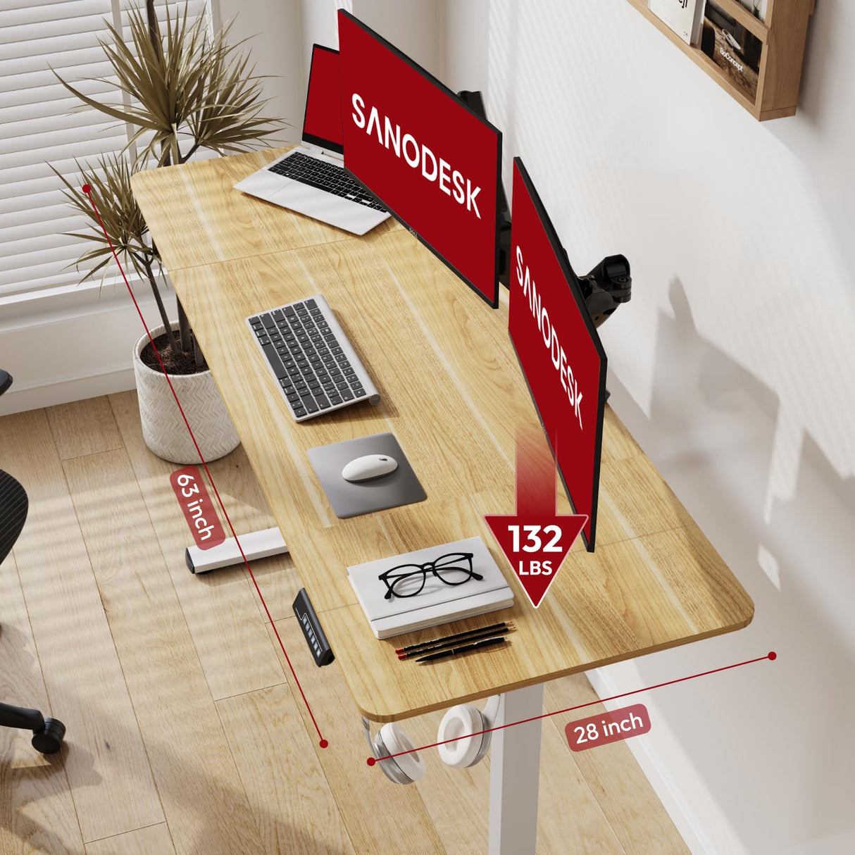 SANODESK Electric Standing Desk 63x28 Inch Height Adjustable Stand Up Desk Home Office Computer Workstation Sit Stand Home Office Desk with Splice Board (White Frame + Maple Top) SANODESK