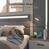 Benevika Queen Size Bed Frame with Charging Station and LED Lights, Modern Upholstered Bed Frame with Headboard, Linen Fabric Beds, Wood Slats, No Box Spring Needed, Easy Assembly, No Noise, Grey Benevika