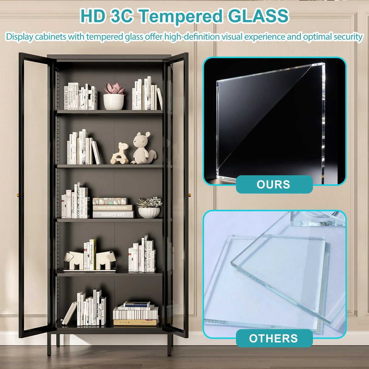 Desirable Life Display Cabinet with Glass Doors, Metal Storage Cabinet with 4 Adjustable Shelves, 5 Tier Curio Cabinet with LED Lights, 67” Tall Display Case for Collectibles, Black Desirable Life