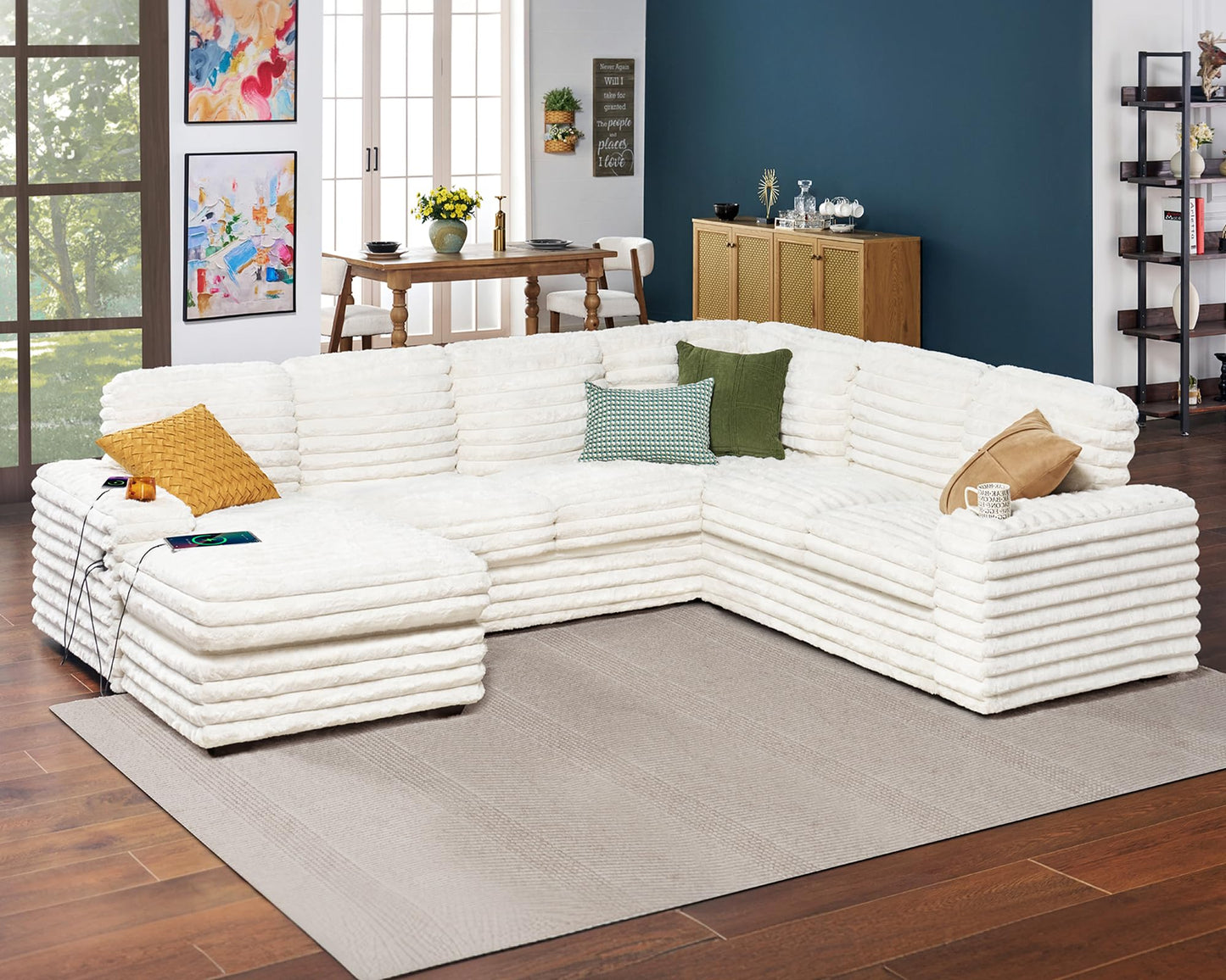 PaPaJet 112 Inch U Shaped Couch, Oversized Couch with Storage, Sectional Sofa with Chaise & 2 USB Ports, Faux Fur White Sofa