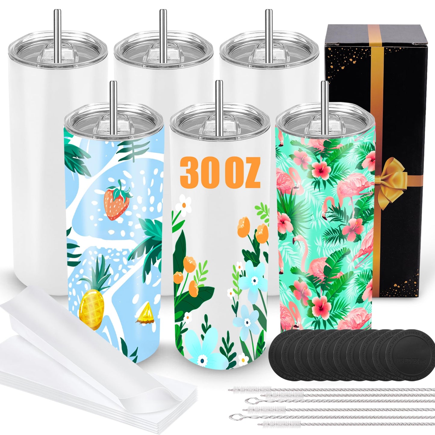 Joyclub Sublimation Tumblers 30 OZ Blank Tumblers for Sublimation Skinny Bulk Double Wall Insulated Cups with Individually Gift Boxed and Shrink Wrap Films for Heat Transfer 6 Pack