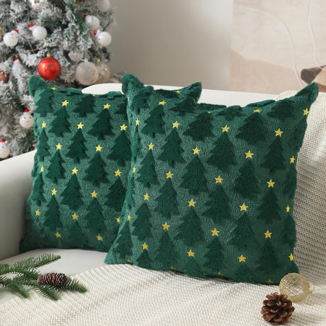 Allorry Christmas Pillow Covers 18 x 18 inch Set of 2 Dark Green Christmas Tree Pillow Covers Decorations Plush Faux Fur Soft Cushion Case for Winter Xmas Holiday Home Bedroom Sofa Decors PT004-A18 Allorry