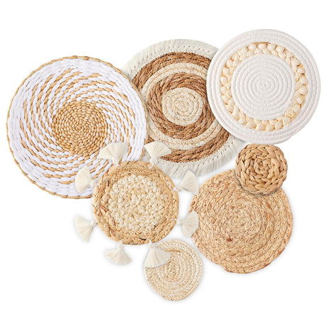 7 Pack Boho Wall Basket Decor - Seagrass Rattan Wicker Wall Decor Round Handmade Hanging Rustic Flat Elegant Wall Art for Farmhouse Living Rooms Bedrooms Display Table Settings Kitchen Home Dimpola