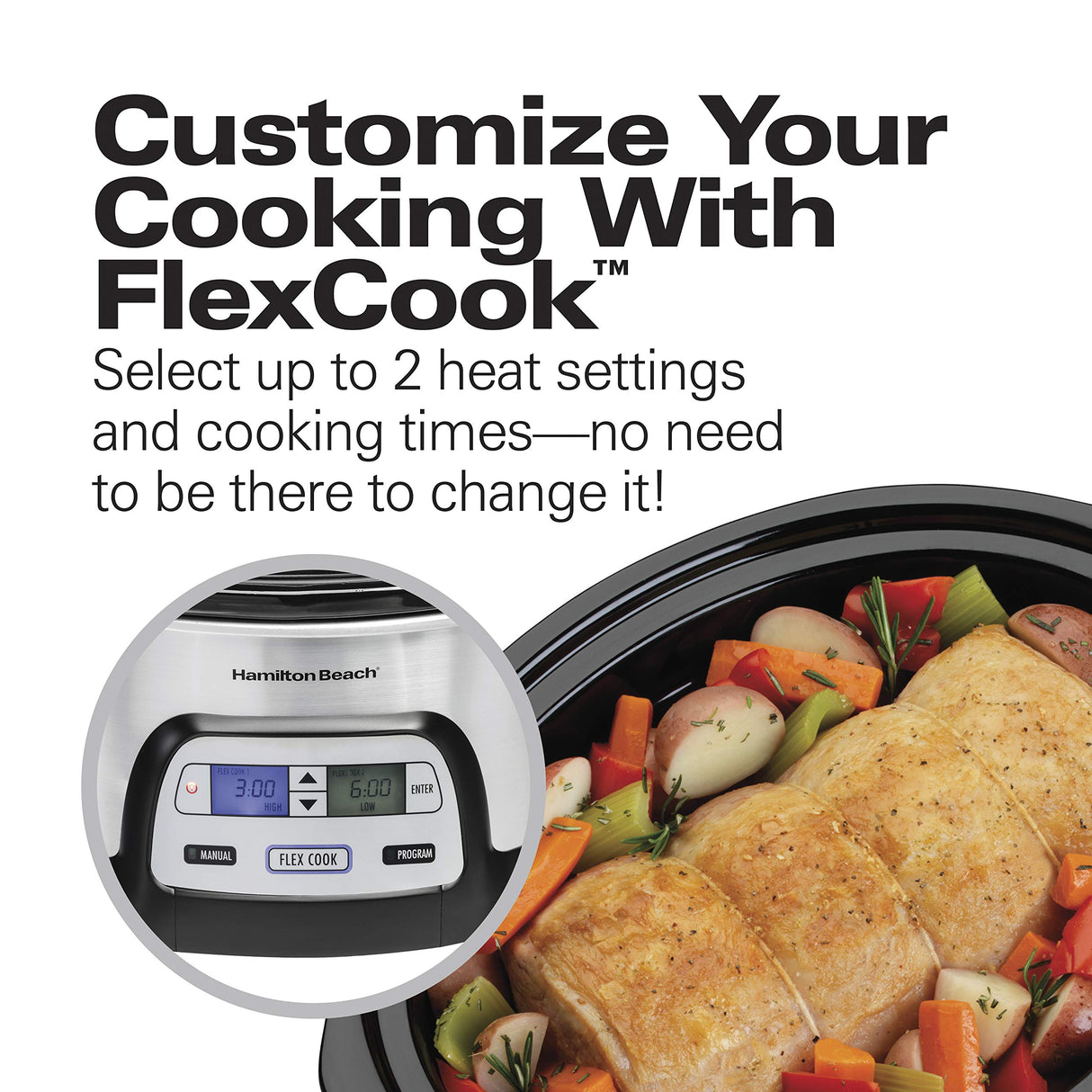 Hamilton Beach 33861 Portable Programmable Slow Cooker, Dishwasher Safe Crock, 6 Qt, FlexCook Dual Digital Timer/2 Heat Settings, Lid Lock for Easy Travel, Silver Hamilton Beach