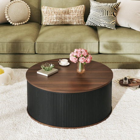 HUAHUU Round Coffee Table with Storage, 31.5" Lift Top Coffee Table, Mid Century Modern Coffee Tables for Living Room, Apartment Office, Fluted Table with Rustic Wood Desktop HUAHUU