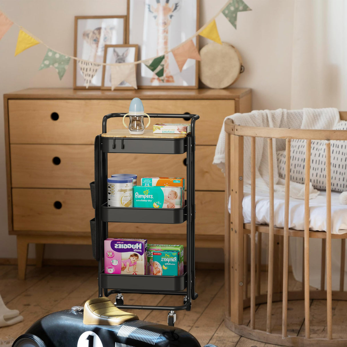 DTK 3 Tier Metal Utility Rolling Cart with Table Top and Side Bags, Tray Storage Organizer Wheels, Art Craft 4 Hooks for Kitchen Bathroom Office Living Room (Black) DTK