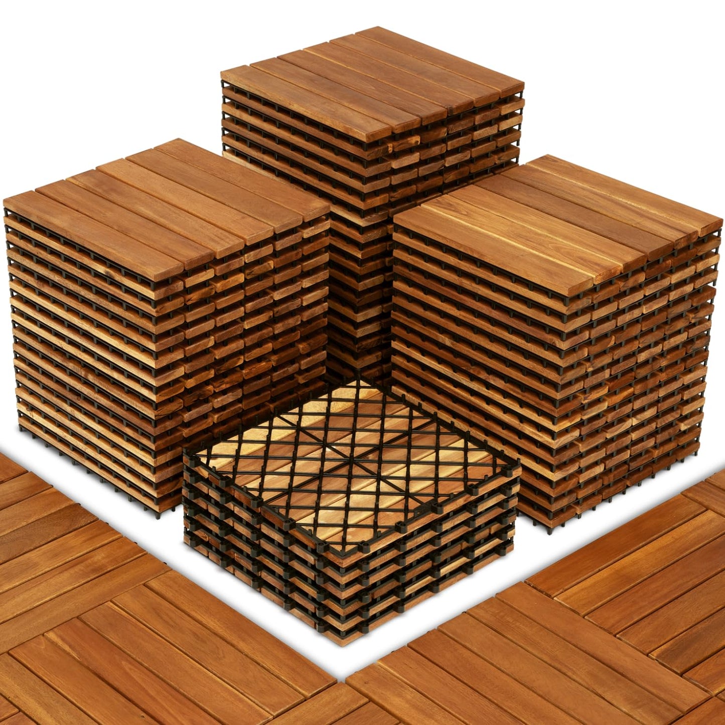 HomeVie 54 PCS Premium Hardwood Interlocking Deck Tiles 12" x 12", Durable and Waterproof All-Weather, Striped Pattern, Golden Teak - WoodArtSupply