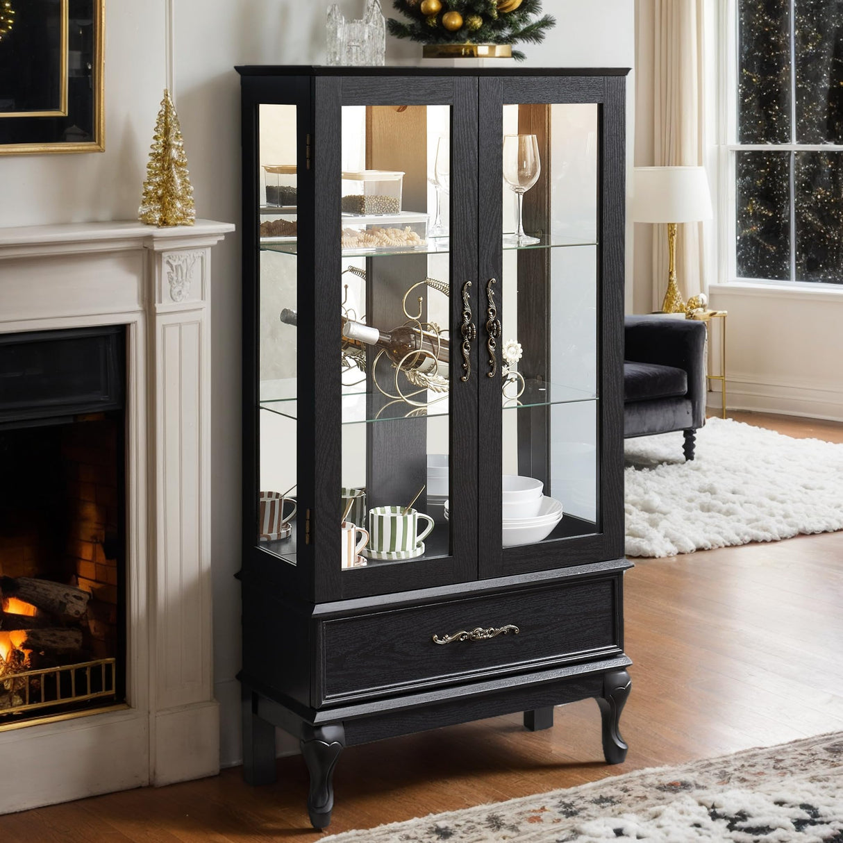 CKEASEAN Lighted Curio Cabinet, 52" H Glass Display Cabinet with Adjustable Shelves, China Cabinet with Tempered Glass Doors for Living Room, Light Blub Included (Black) CKEASEAN