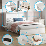 Mjkone Queen Murphy Bed, Cabinet Bed with Tri-fold Mattress/Built-in USB Charging Station/Drawers/Bedside Panel, Space Saving Hidden Adult Guest Beds, Murphy Chest Cabinet Beds for Bedroom - White Mjkone