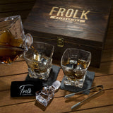 Whiskey Decanter and Stones Gift Set for Men - Whiskey Decanter, 2 Rocks Whiskey Glasses, 8 Stainless Steel Whisky Cubes, 2 Slate Coasters, Special Tongs & Freezer Pouch in Pinewood Gift Box Frolk