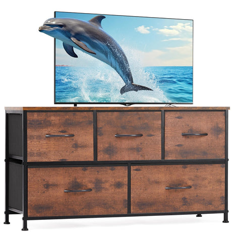 NEWBULIG Dresser for Bedroom, Brown Dresser and TV Stand with 5 Storage Drawers, Dressers & Chests of Drawers with Fabric Bins, Sturdy Metal Frame, Wood Tabletop for Closet, Clothes Organizer NEWBULIG