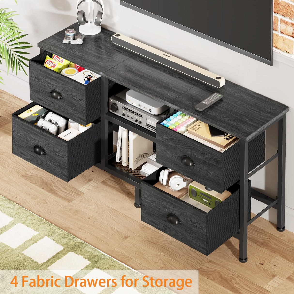 Furologee TV Stand with 4 Drawers, Small Entertainment Center with Open Shelf, Dresser TV Console Table for 50" TV, Media Center for Bedroom, Living Room/Black Oak Furologee