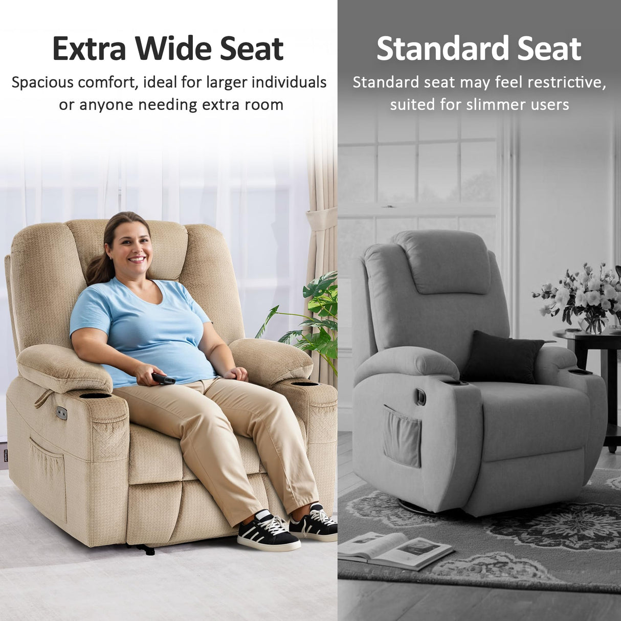 MCombo Oversized Power Lift Recliner Chair Sofa with Massage and Heat for Elderly People Petite, USB Ports, Side Pockets, Fabric R7561 (Beige, Small-Oversize) MCombo