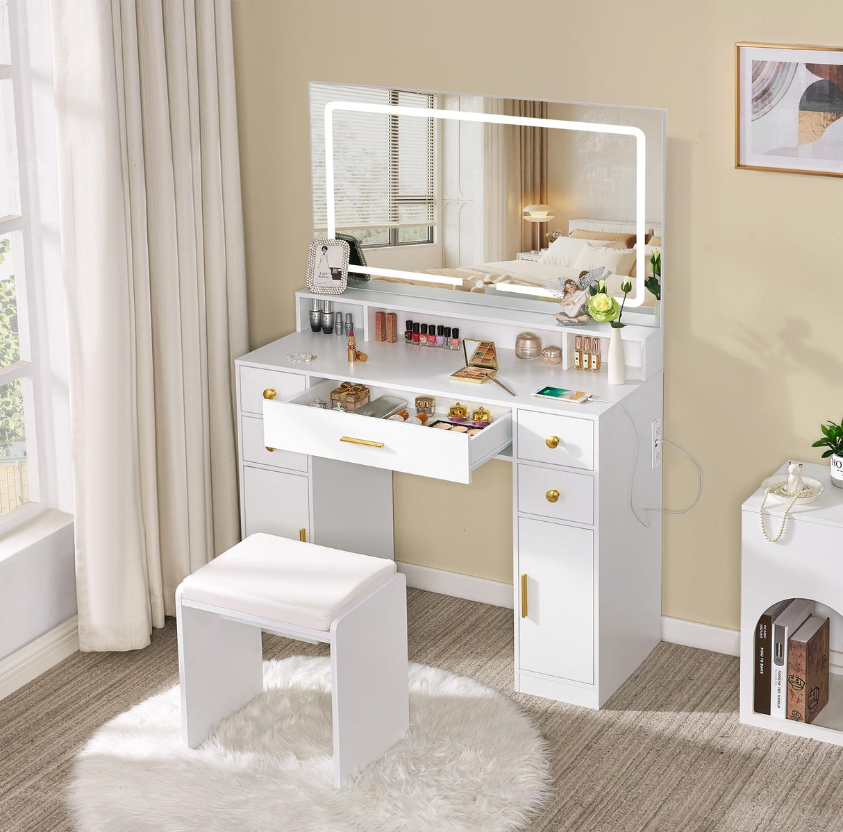 ANWBROAD Vanity Desk Set with Large LED Lighted Mirror Power Outlet Makeup Vanity Table 3 Color Lighting Modes Dressing Table with 5 Drawers and 2 Cabinets Cushioned Stool for Bedroom, White UBDT57W ANWBROAD