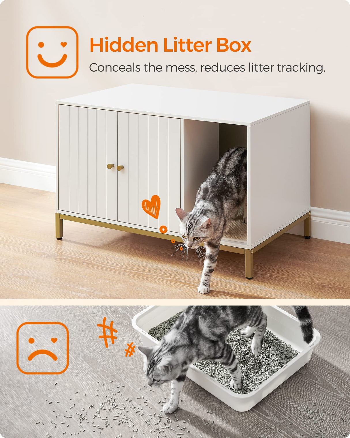 Feandrea Litter Box Enclosure, Modern Cat Litter Box Furniture Hidden, with Scratching Mat, Tall Legs, Cat House, Side End Table, 31.5 x 19.7 x 21.7 Inches, White and Gold UPCL007W01 Feandrea