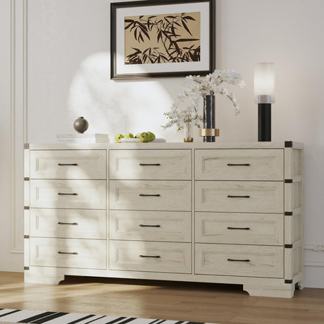ROMSHINE Farmhouse 12 Drawer Dresser, 69 inch Wood Dresser for Bedroom, Long Chest of Drawers with Storage, Closet Chest Organizer with Metal Handles, Large Storage Cabinet, Wood Color ROMSHINE