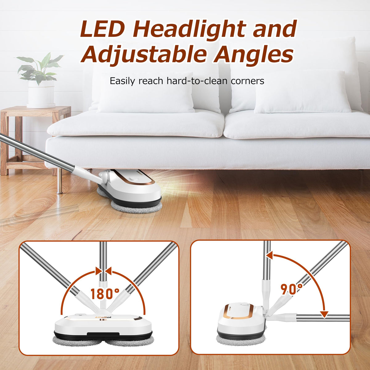 Electric Mop, AlfaBot S2 Cordless Spin Mop for Floor Cleaning, with LED Headlight and Sprayer/400ML Big Tank/60 Mins Runtime, Lightweight Floor Scrubber for Hardwood Floors, Tile, Laminate AlfaBot