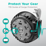 KMC 5-Outlet USB-C PD Surge Twist Retractable Power Strip Cord Reel, 2 USB-A & 1 USB-C Power Delivery, 735J Surge Protector, 8ft Retractable Extension Cord, 3-Prong Flat Plug, UL/ETL Certified, Gray KMC