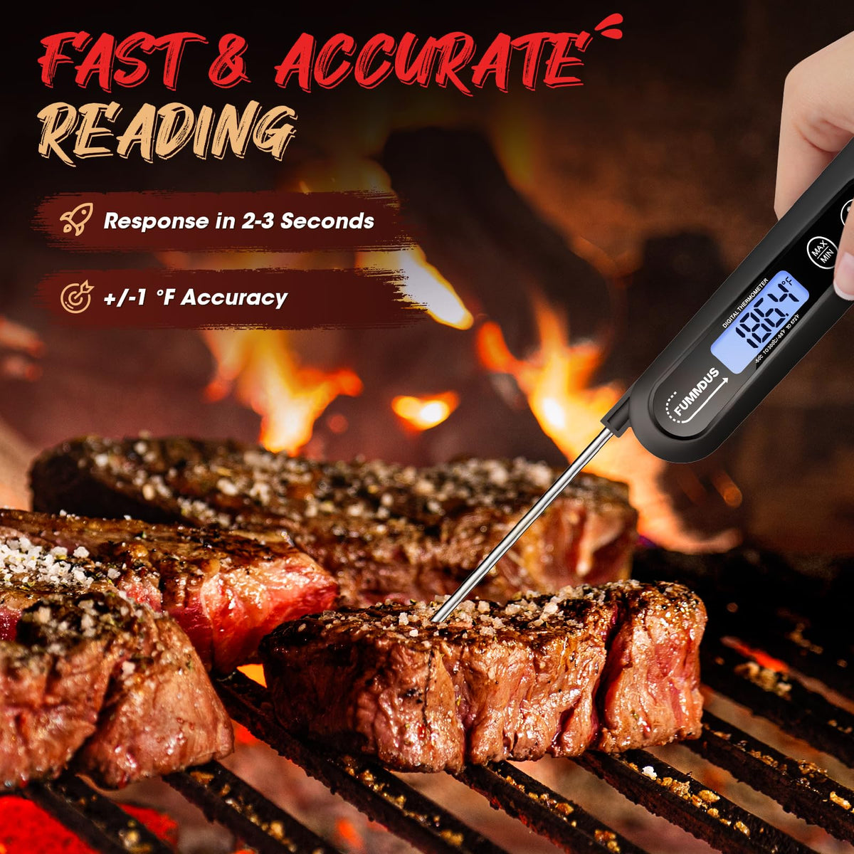FUMMDUS Meat Thermometer Digital, 3S Instant Read Food Thermometer for Cooking with Backlight & Magnet, Foldable Temperature Probe Kitchen Gadgets Essentials for BBQ Oven Grill Smoker Candy FUMMDUS