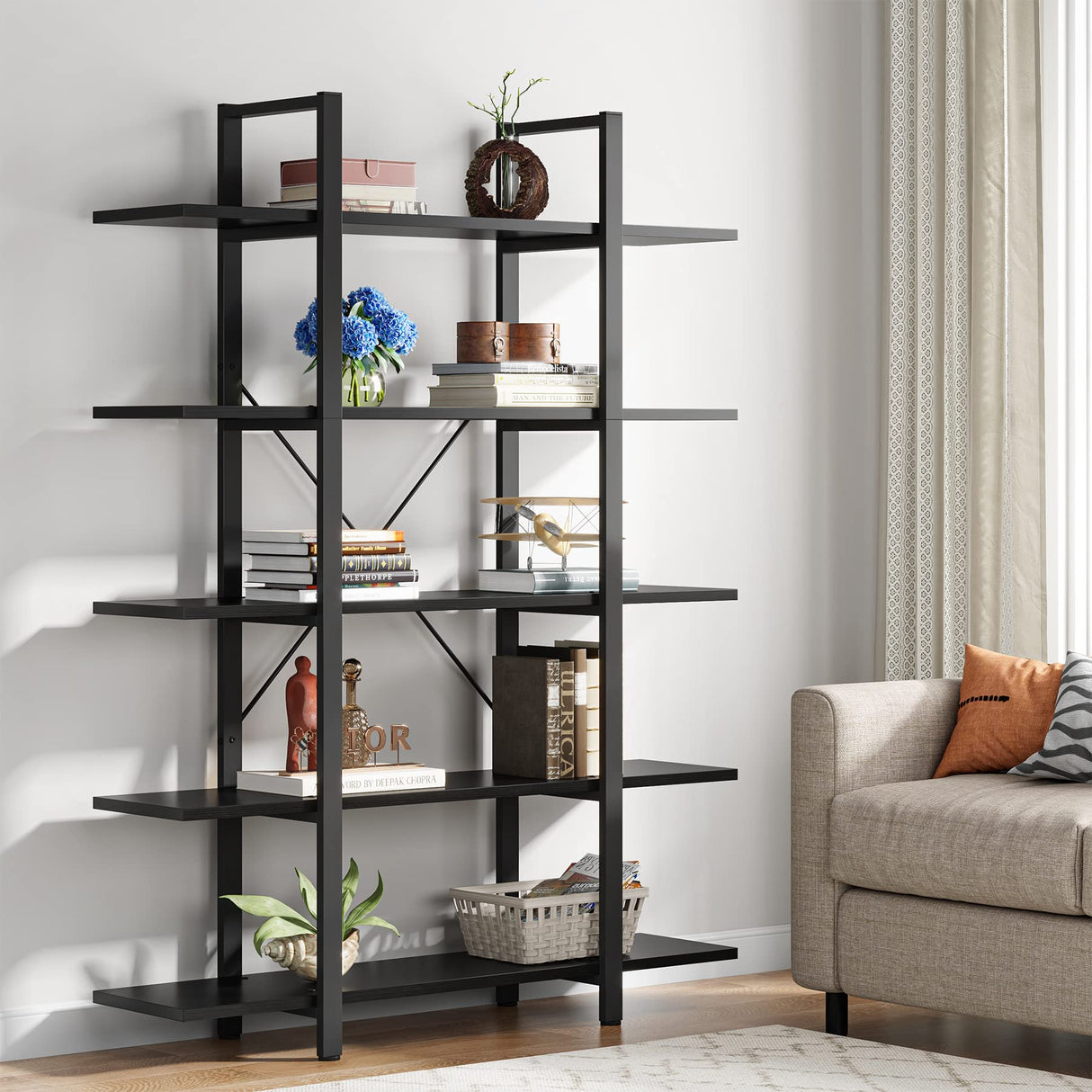 Tribesigns 5-Tier Bookshelf, Vintage Industrial Style Bookcase 72 H x 12 W x 47L Inches, Black Tribesigns