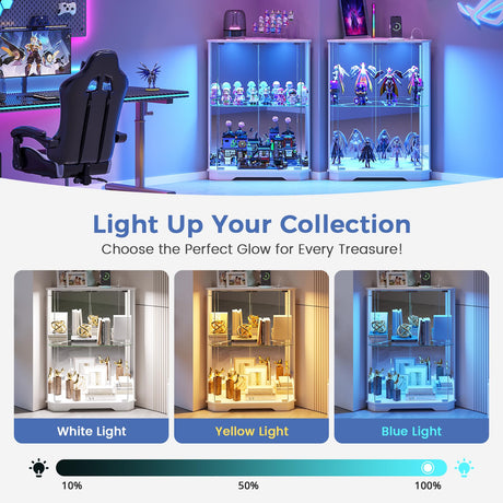 Dystler Corner Display Cabinet with Glass Doors, Small Display Case with 3-Color LED Lights and Charging Station, 2-Tier Curio Cabinet with Storage and Shelf for Living Room, White Dystler