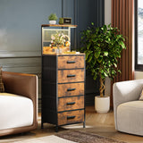 EKNKOZY Nightstand 5 Drawer Dresser with LED Lights, Charging Station, Metal Mesh Shelf with Hooks, Vertical Side Table with Fabric Drawers, End Table, Tall Dresser for Bedroom, Entryway, Rustic Brown EKNKOZY