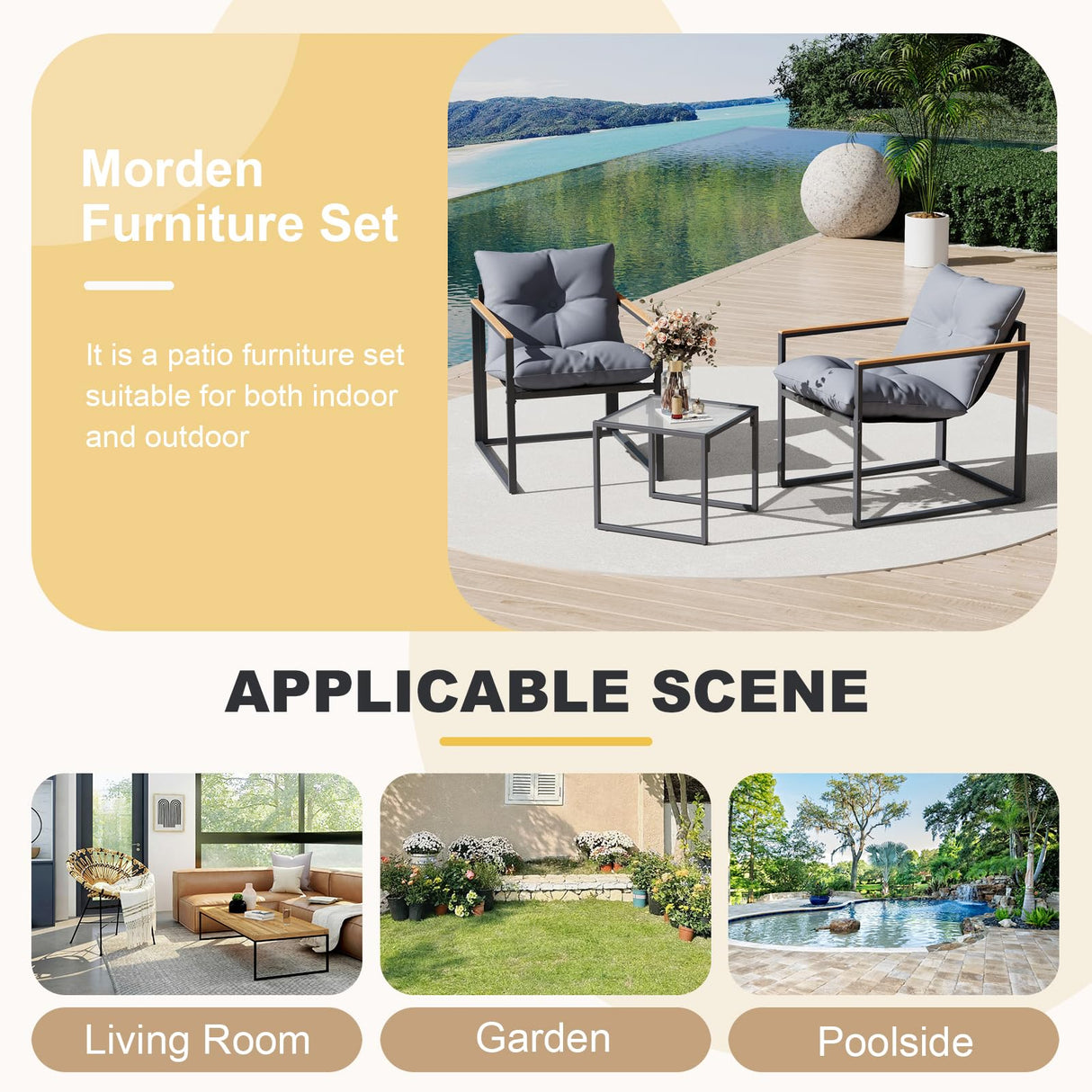 DIMOFAP 3 Piece Patio Furniture Set, Outdoor Porch Chairs Set of 2, Balcony Furniture for Apartment with Chairs & Table, Included Thick Comfy Cushions, Perfect for Porch, Balcony, Deck DIMOFAP