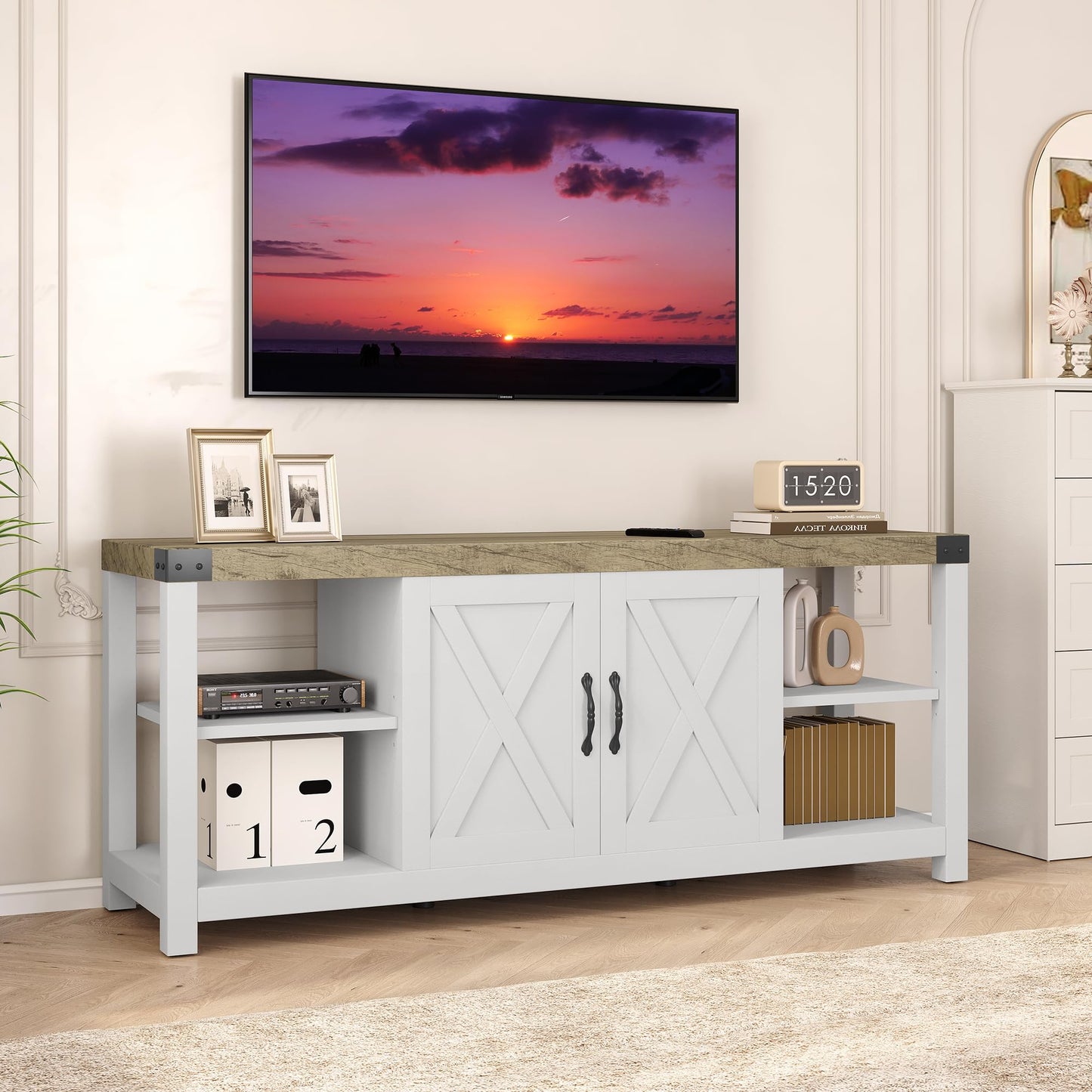 IDEALHOUSE Farmhouse TV Stand for 65/60/55 Inches, Mid Century Modern Entertainment Center with Storage Cabinets and Open Shelves, Wood TV Table Media Console for Living Room, Bedroom (White) - WoodArtSupply