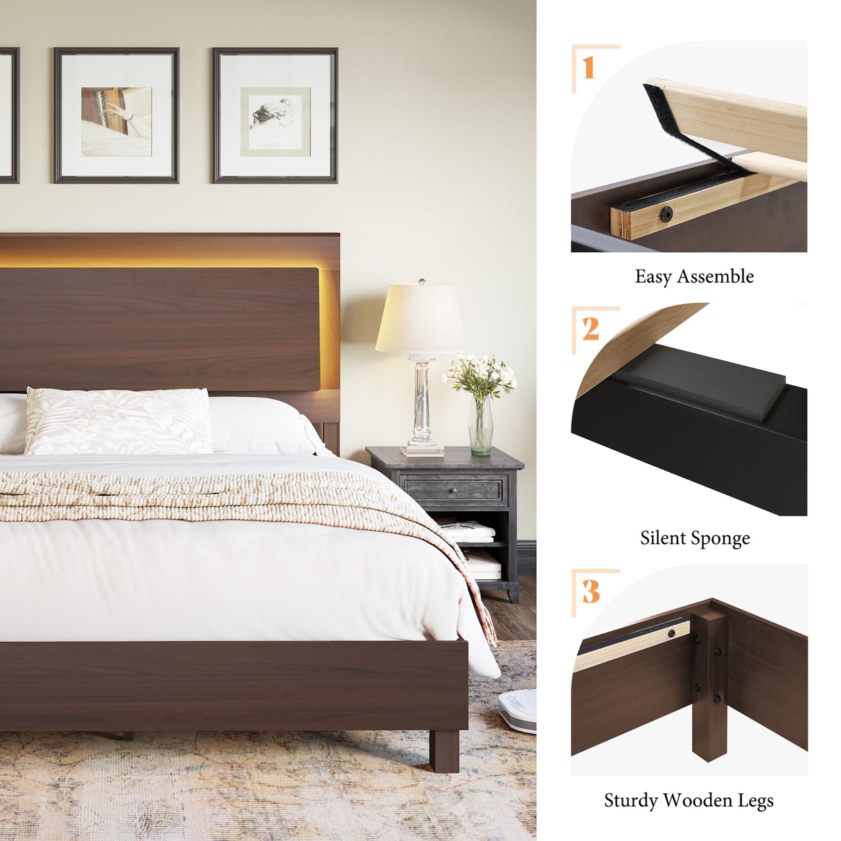 AMERLIFE Rustic Wood Full Bed Frame with LED Headboard and Supportive Slats, Red Brown AMERLIFE