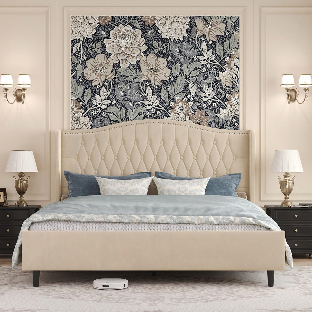 Belffin King Bed Frame and Headboard, Luxury Upholstered Velvet Platform Bed with Wingback, Button Tufted & Nailhead Trim, Anti-Slide Tall Footboard, No Box Spring Needed, Noise-Free, Beige Belffin