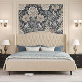 Belffin King Bed Frame and Headboard, Luxury Upholstered Velvet Platform Bed with Wingback, Button Tufted & Nailhead Trim, Anti-Slide Tall Footboard, No Box Spring Needed, Noise-Free, Beige Belffin