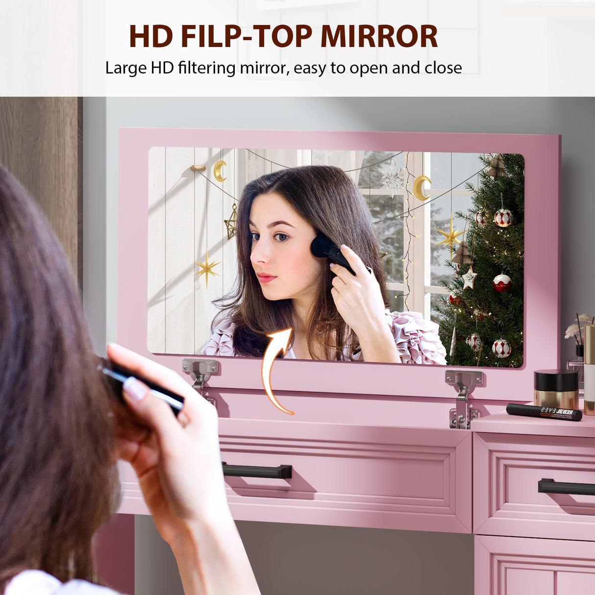 FOMNEY Farmhouse Vanity Desk with Flip Top Mirror, 43.3" W Makeup Vanity with Drawers, Storage Cabinet, Dressing Make Up Vanity Table for Bedroom, Wood Home Office Desk, Pink FOMNEY