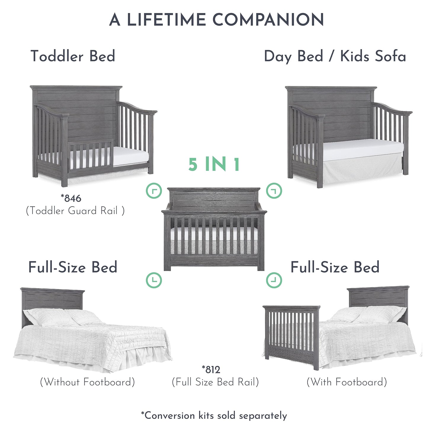 Evolur Waverly 5-in-1 Full Panel Convertible Crib in Rustic Grey, Greenguard Gold Certified , 58.75x31.25x46.5 Inch (Pack of 1) - WoodArtSupply