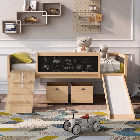 Harper & Bright Designs Low Loft Bed with Slide, Wood Twin Loft Bed for Kids, Loft Bed Twin with 2 Toy Boxes, Chalkboard and Climbing Frame, Junior Loft Bed Frame for Girls Boys (Twin, Natural) Harper & Bright Designs