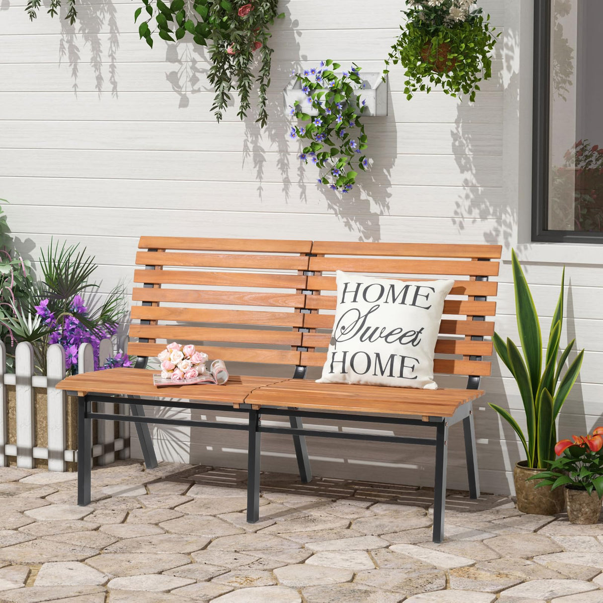 Elegant Acacia Wood Outdoor Bench – 54-Inch Armless Design with Steel Frame for Garden, Porch, and Patio Verano Garden