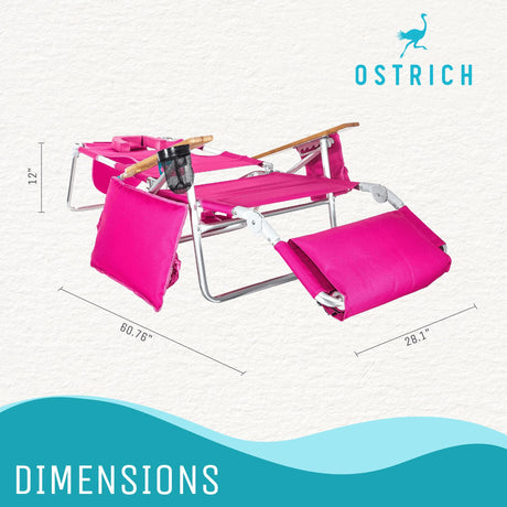 Ostrich Reclining Lounge Chair, Deluxe 3 in 1 Folding Outdoor Beach Lounger, Pink - Compact and Portable Recliner for Pool Tanning, Lawn, Patio, and Yard Ostrich