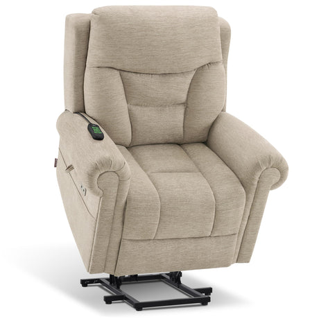 MCombo Triple Motor Power Lift Recliner Chair with Massage and Lumbar&seat Heating, Rolled Arms, Adjustable Headrest for Elderly People, Fabric 7888 (Beige, Medium) MCombo