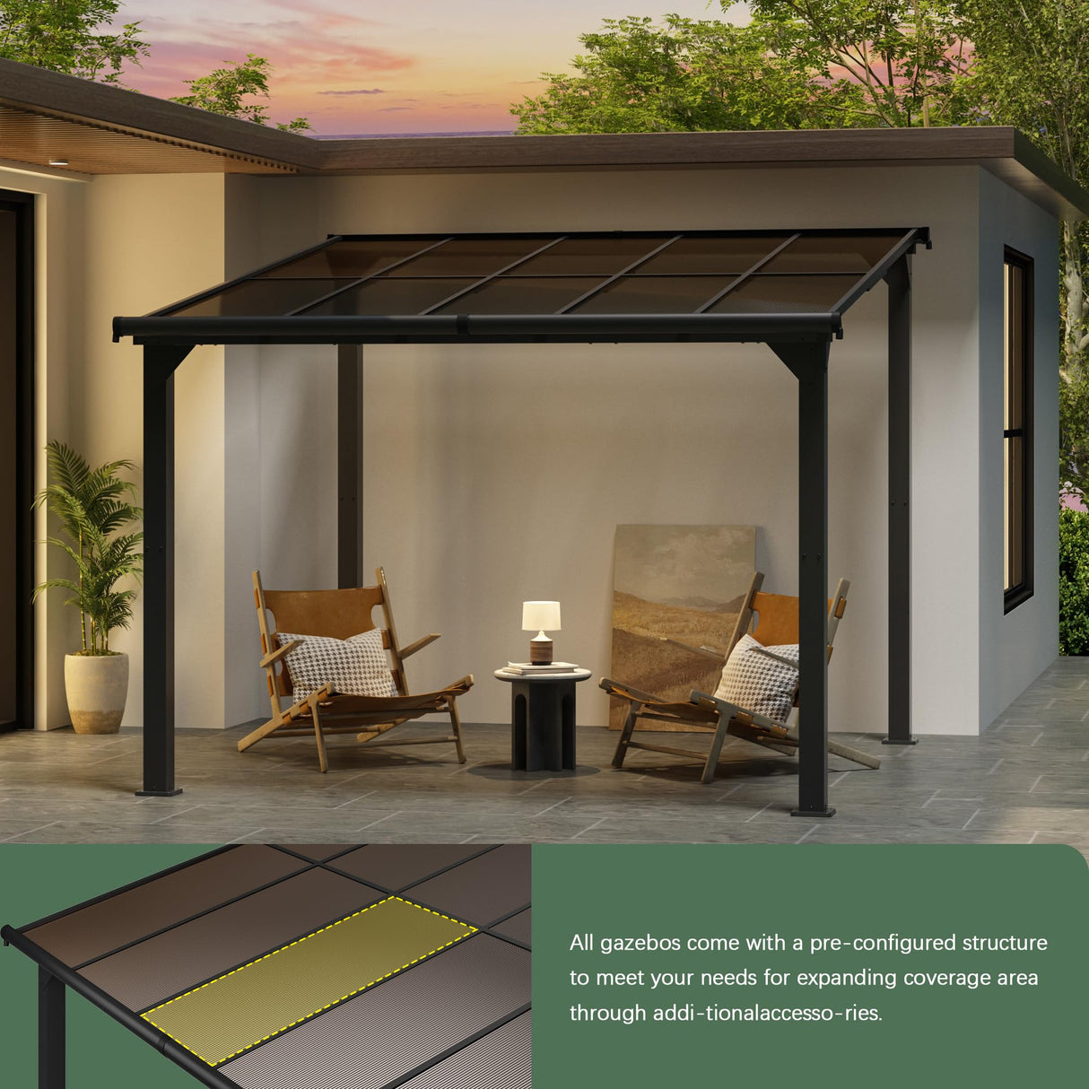 Outdoor Gazebo, Awnings for Patios Decks Backyards with Sunlight Panels, Top Lean to Pergola, Heavy-Duty Metal Sunroom, Frosted Gray (10X10 FT) HOGYME