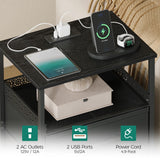 JARHETUN End Table with Charging Station and LED Light, Side Table with USB Ports and Outlets, LED Nightstand Set of 2, Bedside Tables with 3 Fabric Drawers, Black JARHETUN