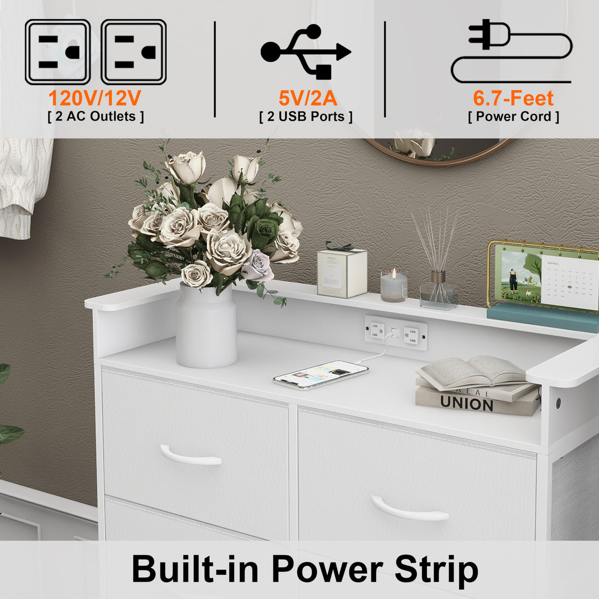 Welfuturer White Dresser for Bedroom with Power Outlets and LED Lights Narrow 8 Fabric Drawers Dressers Tall Storage Tower Unit for Entryway Closet Hallway Living Room Sturdy Steel Frame Wooden Top Welfuturer