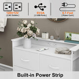 Welfuturer White Dresser for Bedroom with Power Outlets and LED Lights Narrow 8 Fabric Drawers Dressers Tall Storage Tower Unit for Entryway Closet Hallway Living Room Sturdy Steel Frame Wooden Top Welfuturer