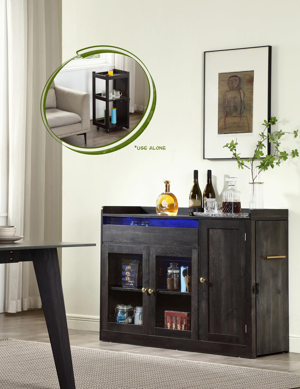 FOREST GRAVITY Smart Buffet Cabinet ，Sidecart brining Things Anywhere You Want,Coffee bar Cabinet, Liquor Cabinet,Sideboard Cabinet,Dancing LED Lighting, with 3 Doors,for Kitchen,Living Room,Black FOREST GRAVITY