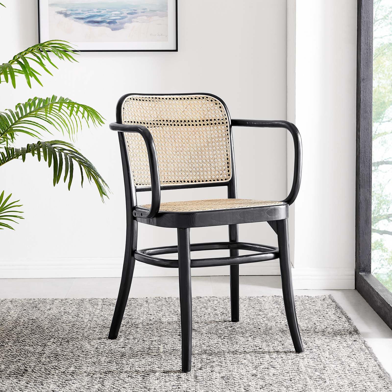 Modway Winona Elm Wood Dining Chair with Cane Rattan Seat in Black 21 x 22.5 x 32 - WoodArtSupply