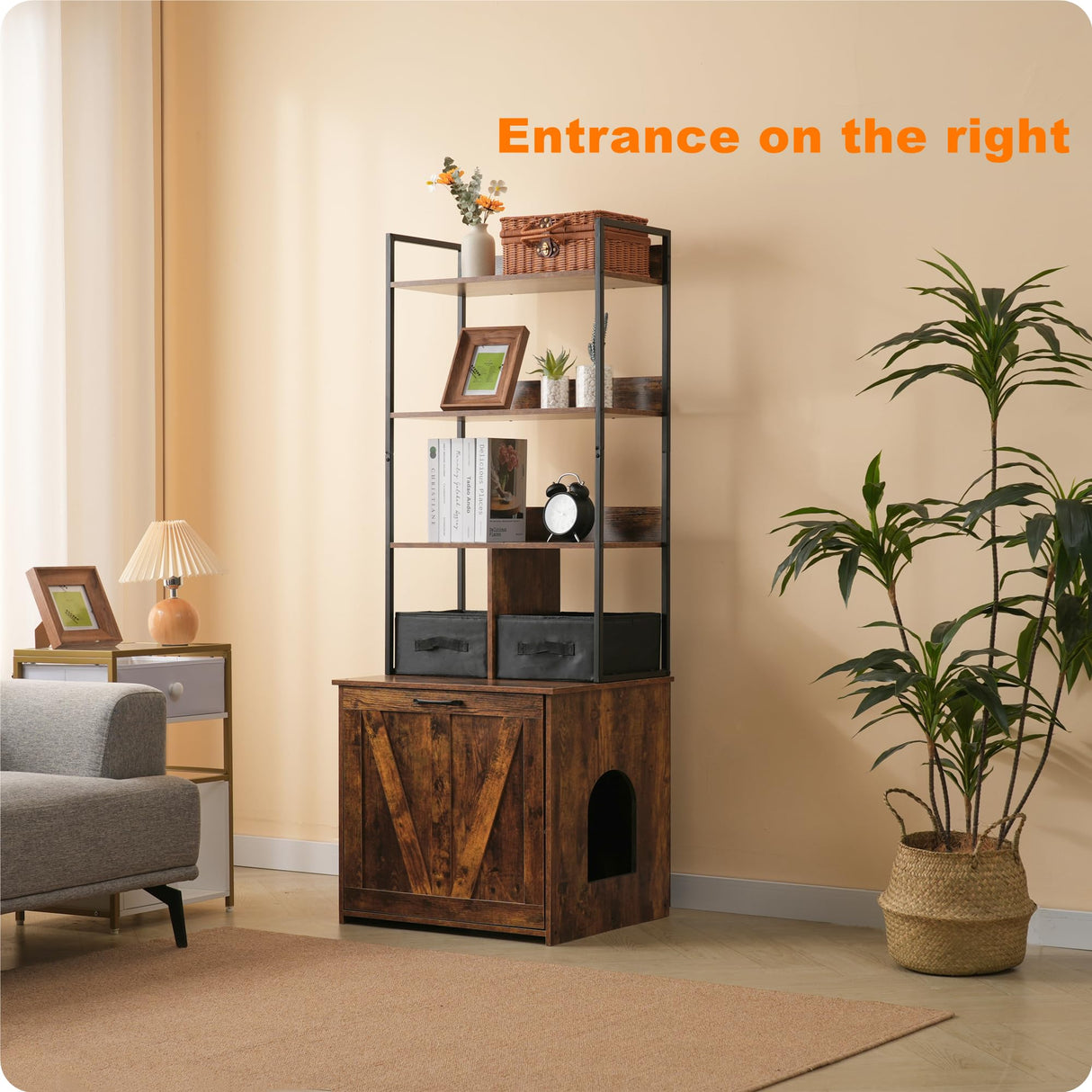 Dwanton Litter Box Enclosure with 3 Storage Shelves and 2 Drawers, 2-in-1 Hidden Cat Litter Box Enclosure Furniture with Shelf, Reversible Entrance, Washable Drawers, 61.8-Inch, Rustic Brown Dwanton