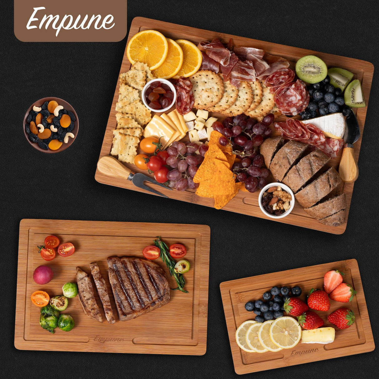Empune Bamboo Cutting Board Set, Wood Cutting Boards for Kitchen with Holder Wooden Chopping Board for Meal Prep & Serving Empune