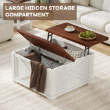 Airynee Farmhouse Coffee Table with Hydraulic Lifter, Square Coffee Table with Large Hidden Storage Compartment for Living Room, Wooden Coffee Tables with Brown Flip-Top Lids for Home Office, White Airynee